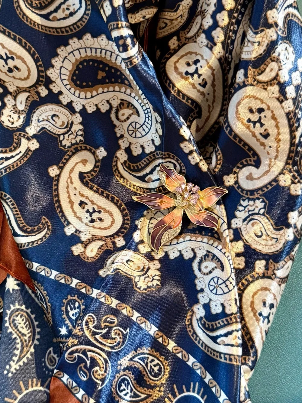 Navy Paisley Scarf with Gold and Cream Accents Silk Feel with Floral Pin Brooch